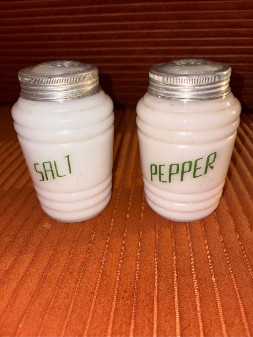 Vintage Milk Glass Salt & Pepper Shakers Green Lettering Ribbed